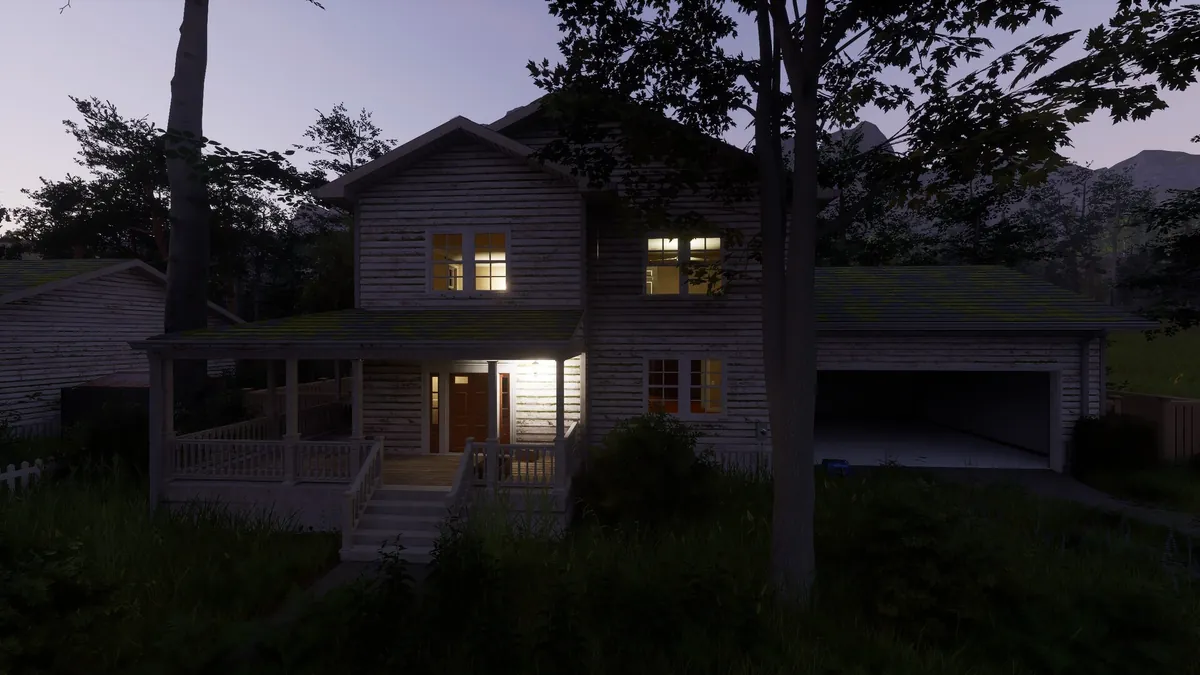 A cabin in Ardem with its interior lights restored at dusk, showing the game's electricity system