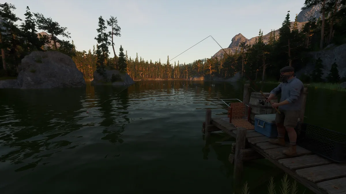 A survivor fishing from a wooden jetty on a lake in Ardem at sunset